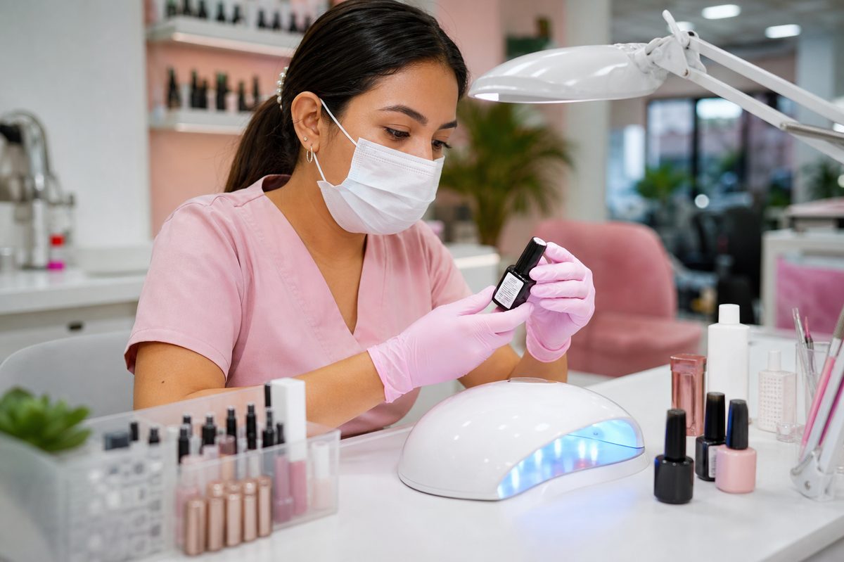 Manicurista profesional revisando etiqueta de esmalte semipermanente en salón de uñas en Colombia