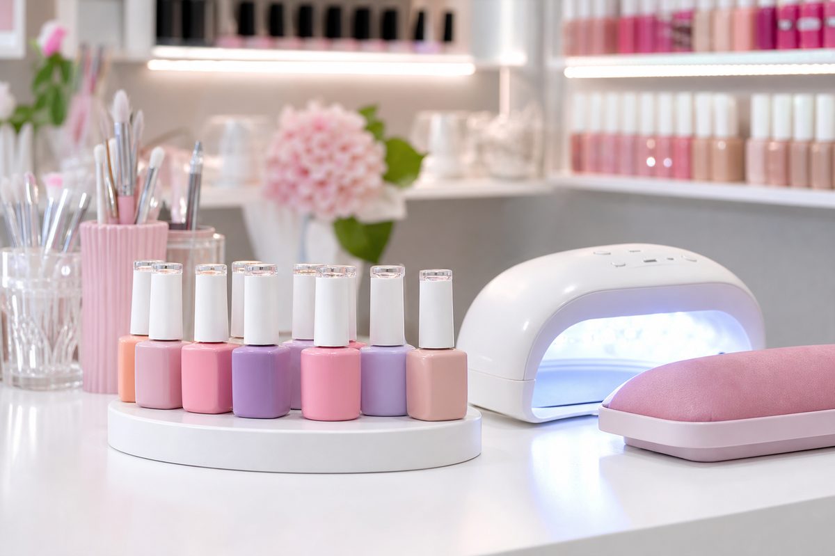Frascos de esmalte semipermanente profesional con formulación actualizada sobre mesa de trabajo