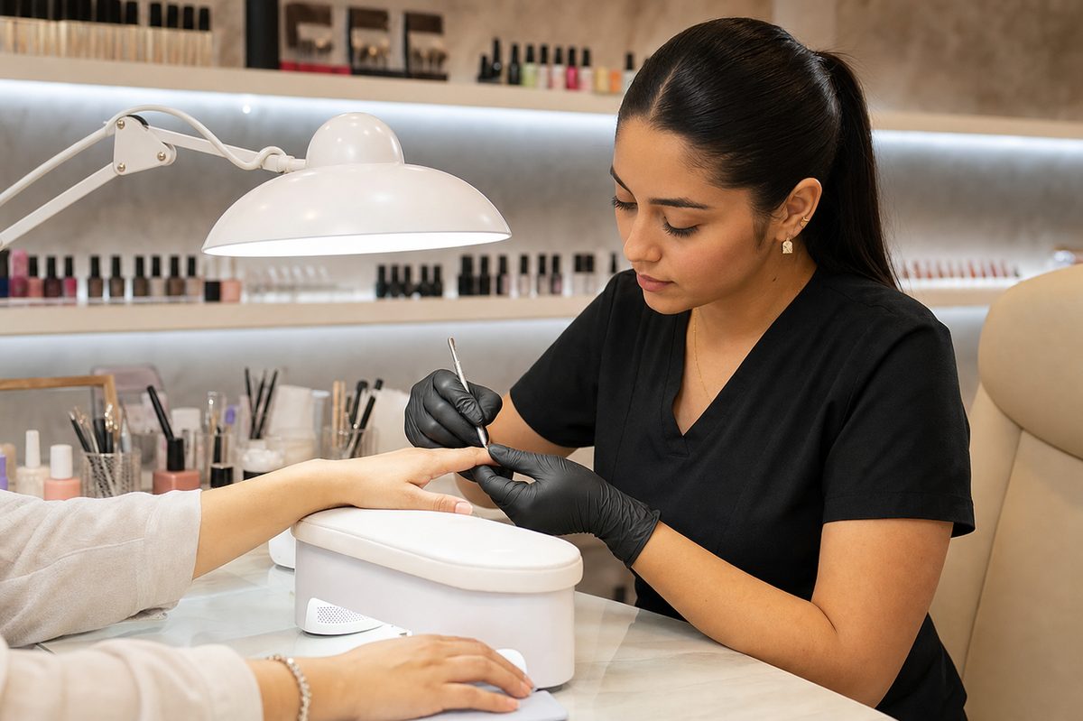 Estación de manicura profesional con productos Mixcoco y lámpara LED en Bucaramanga