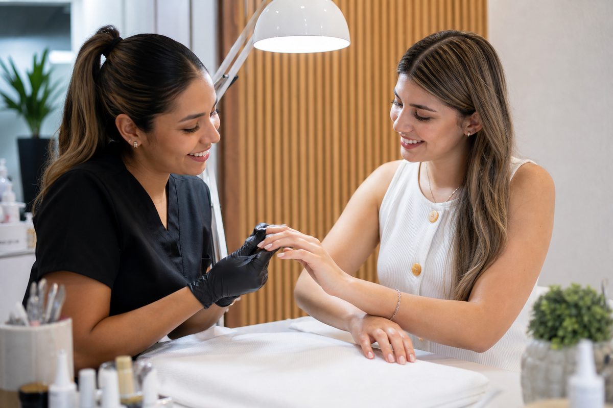 Manicurista profesional Mixcoco asesorando a clienta sobre cuidado de uñas naturales