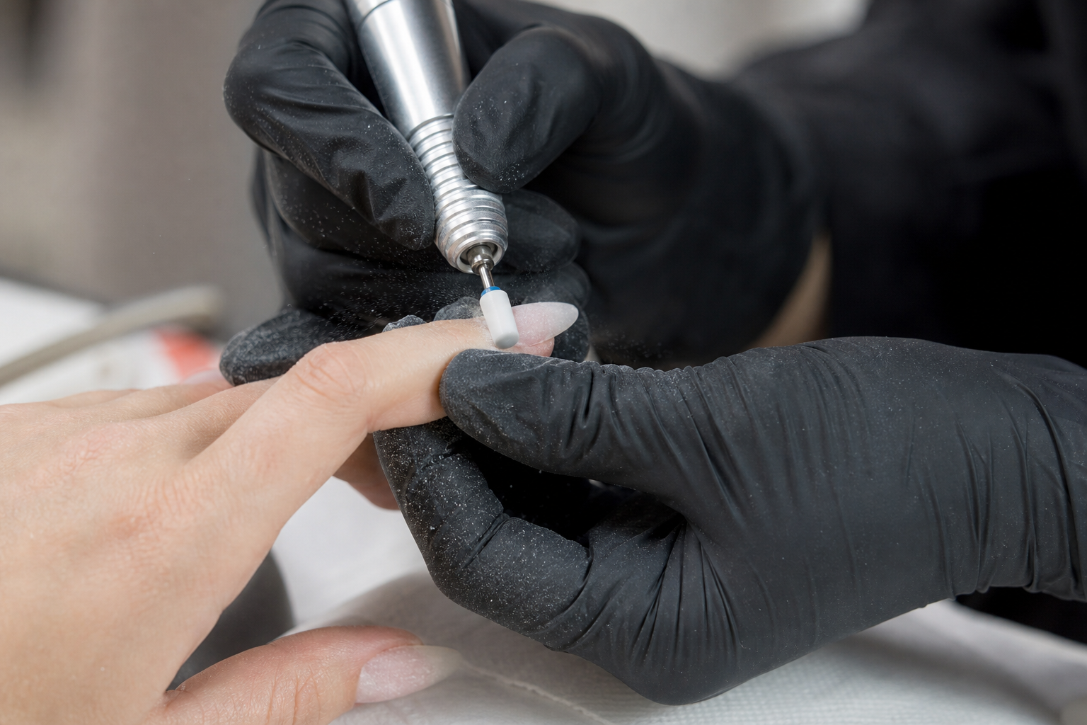 Manicurista usando drill profesional en uña acrílica con guantes de protección