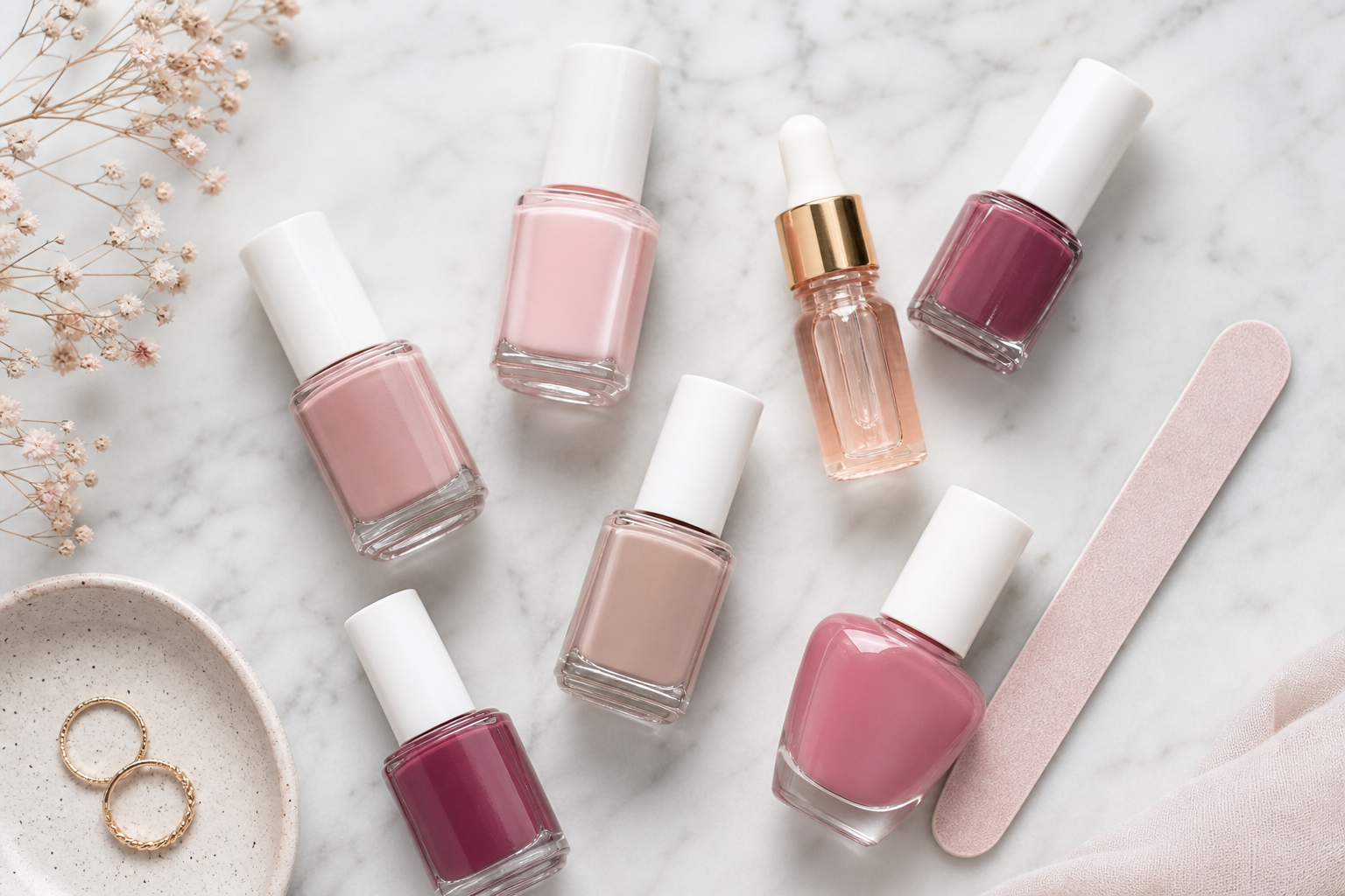 Esmaltes semipermanentes Mixcoco en tonos rosa y nude sobre superficie de mármol