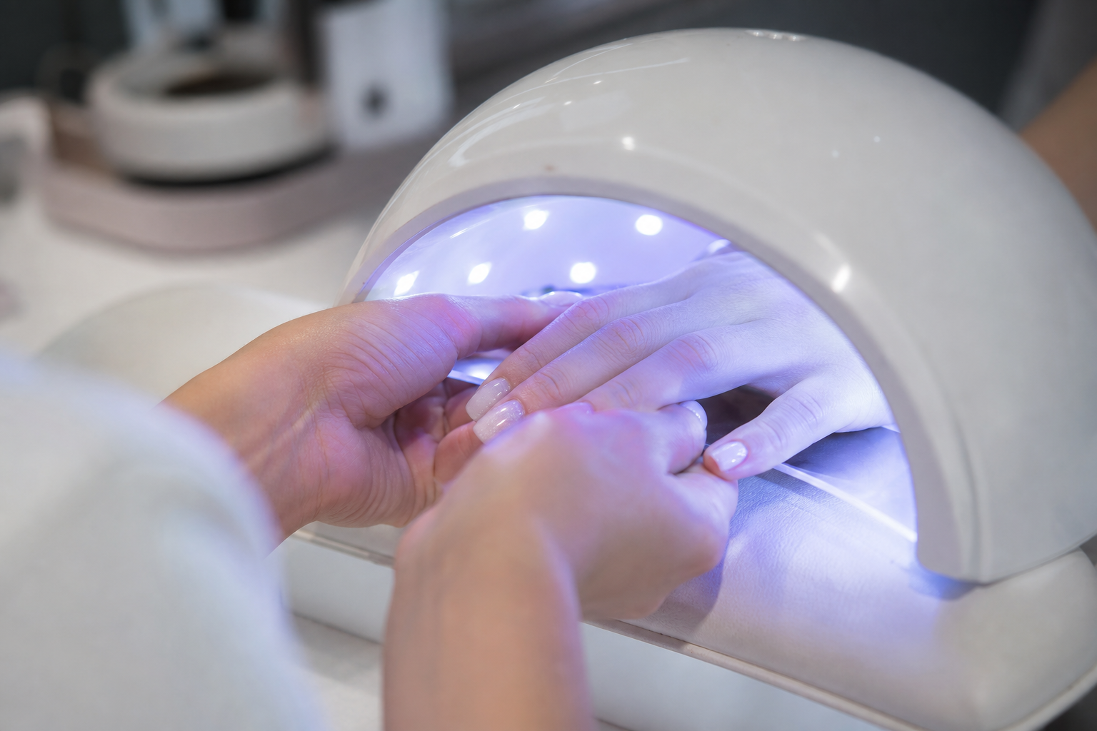 Curado de esmalte semipermanente bajo lámpara LED en salón de uñas