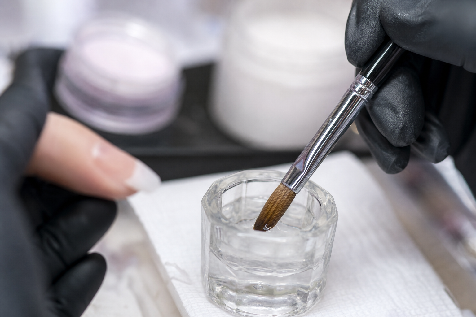 Manicurista mezclando monómero acrílico con pincel en dappen dish