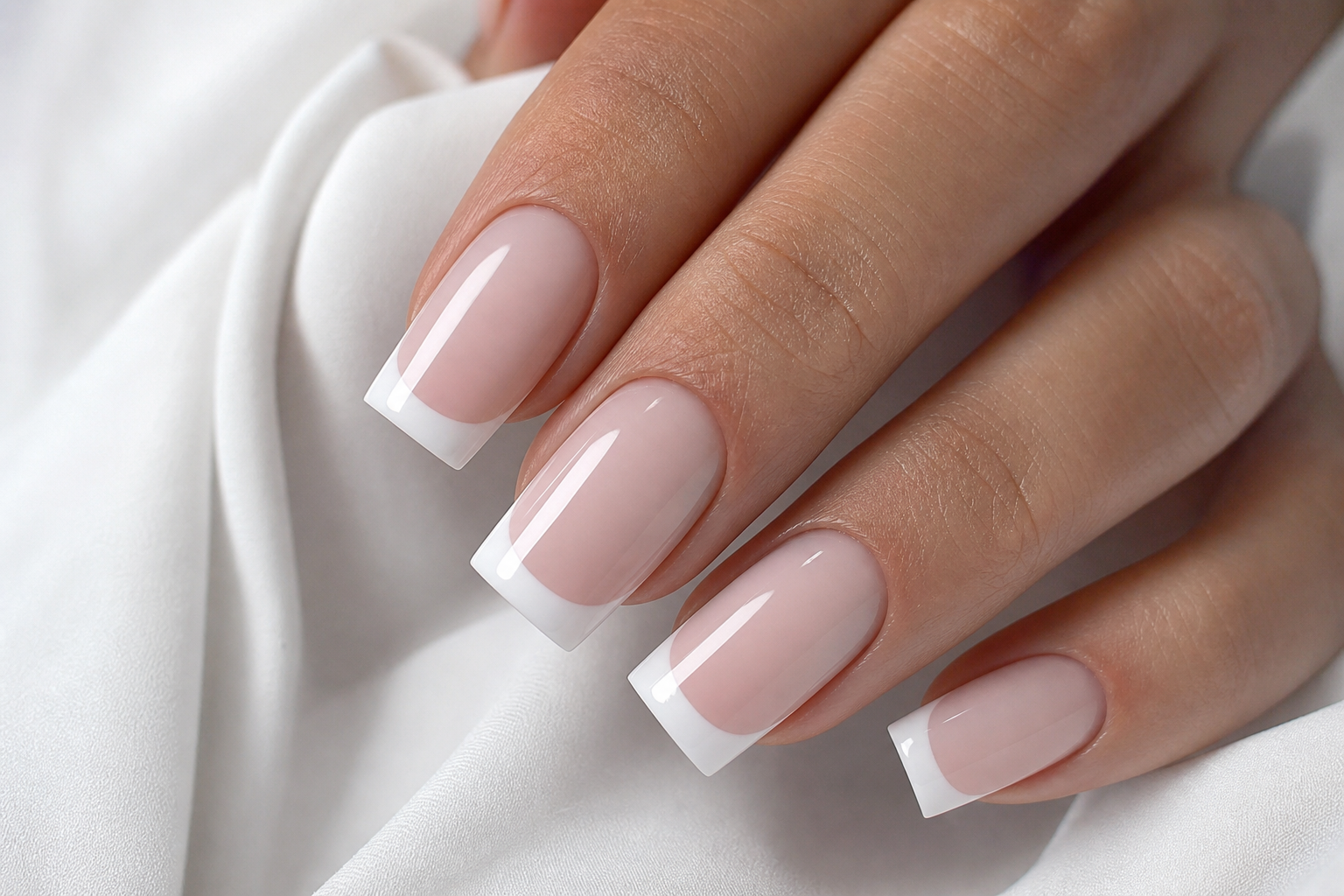 Uñas acrílicas cuadradas con francesa blanca y acabado brillante