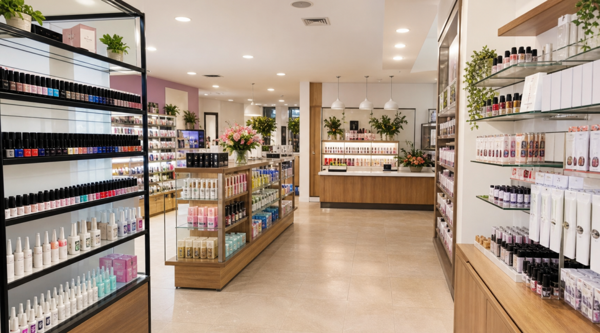 Tienda de insumos profesionales para uñas con estantes organizados
