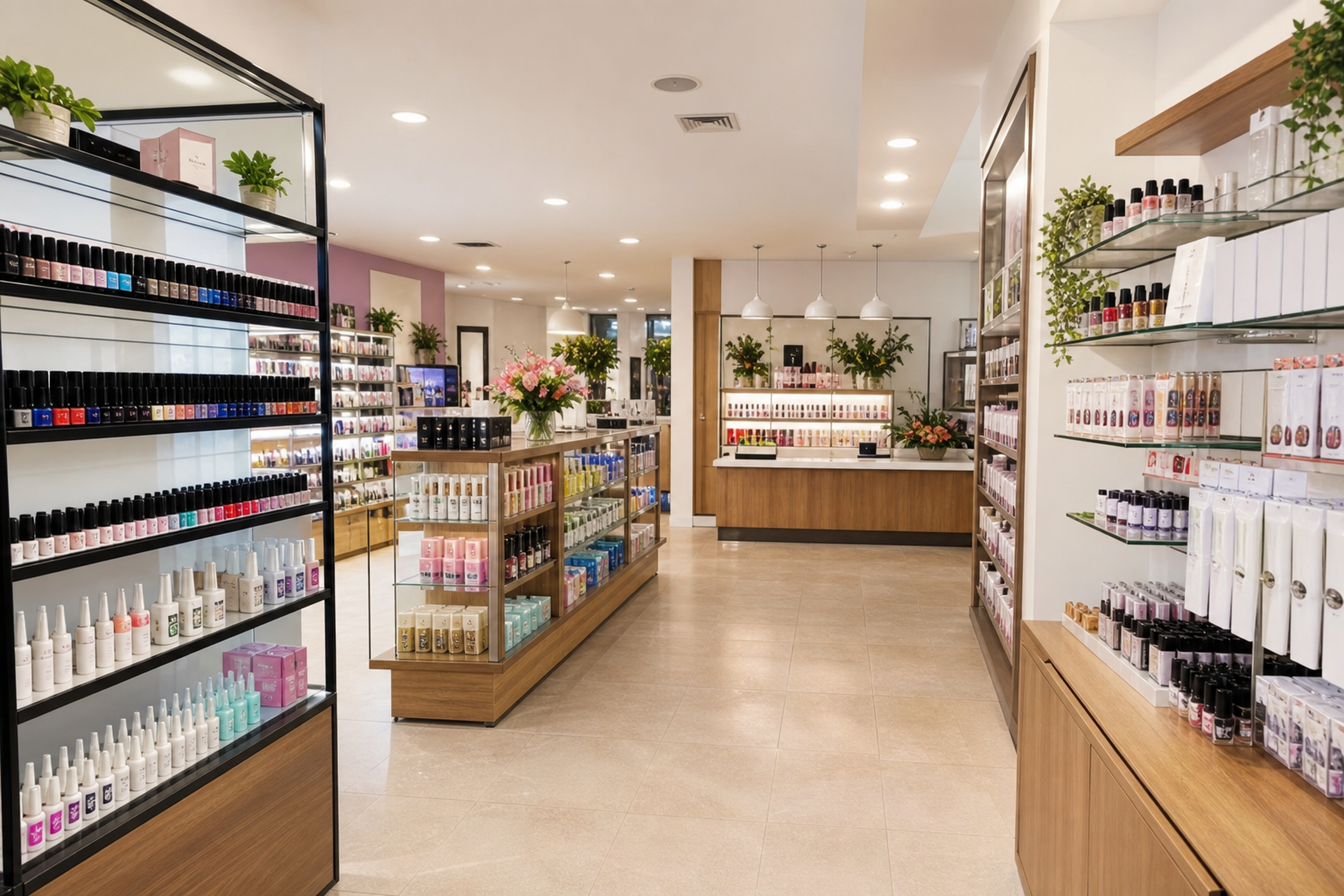 Tienda de insumos profesionales para uñas con estantes organizados